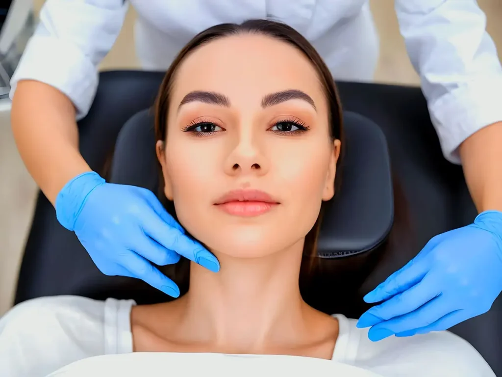 Woman receiving facial examination from gloved hands in professional medical spa setting.