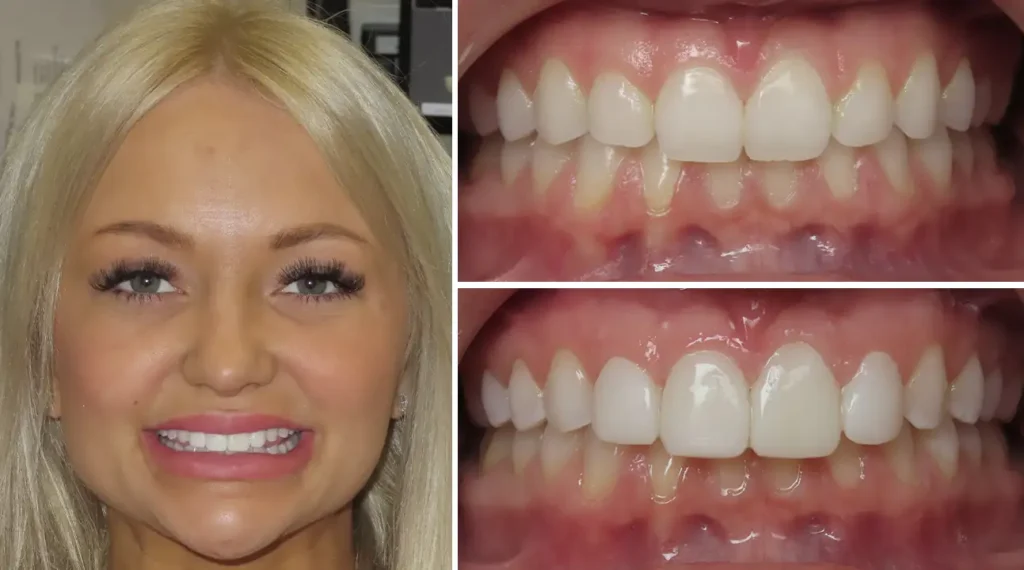 Woman smiling showing before and after dental treatment results with whitened teeth