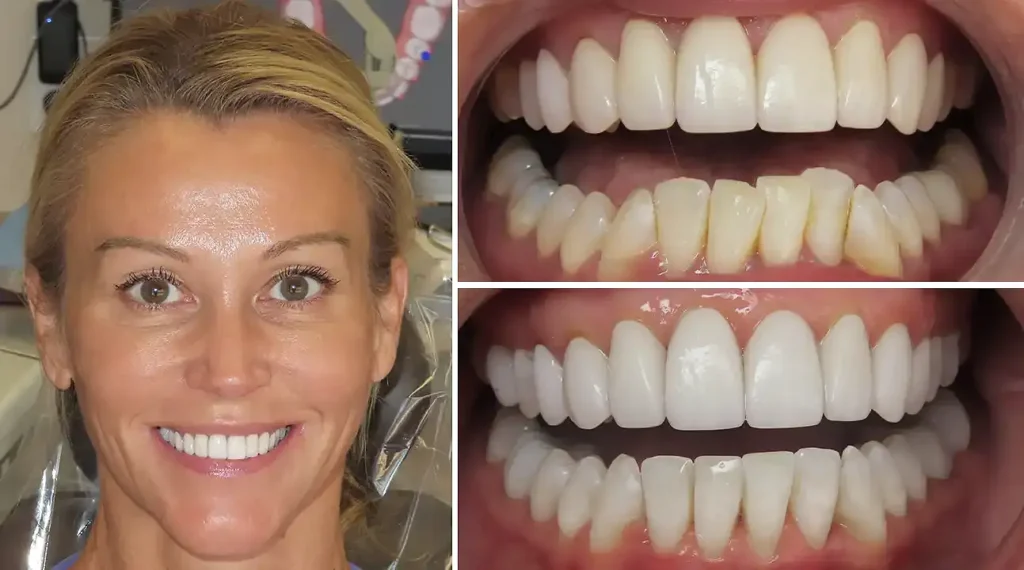 Before and after dental transformation showing woman's smile improvement with professional teeth whitening and alignment results.