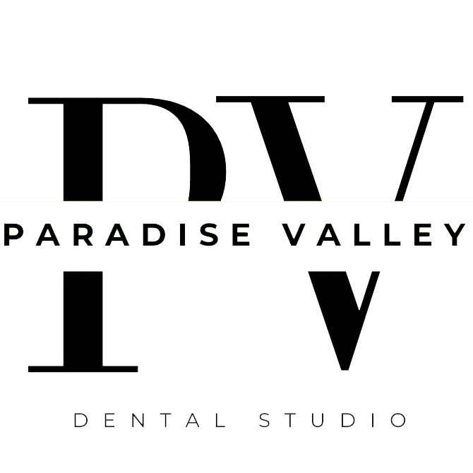 Paradise Valley Dental Studio logo featuring stylized "PV" letters and text branding.
